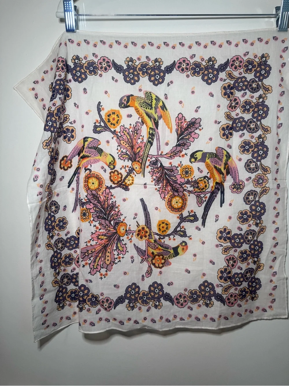Madewell Parrot & Floral 100-% organic Cotton Scarf in Pink, Yellow & Purple